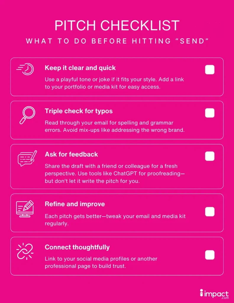 An infographic titled "Pitch Checklist" with tips on refining communication before sending.