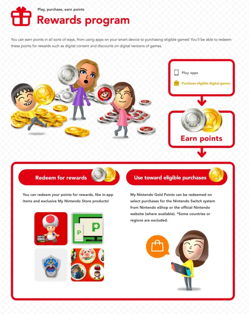 Flyer for a rewards program detailing ways to earn and redeem points with graphics of coins and items.