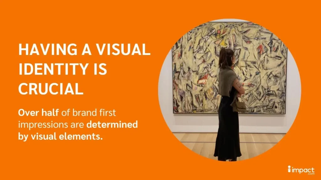 A person viewing abstract art in a gallery with a text about visual identity's importance.