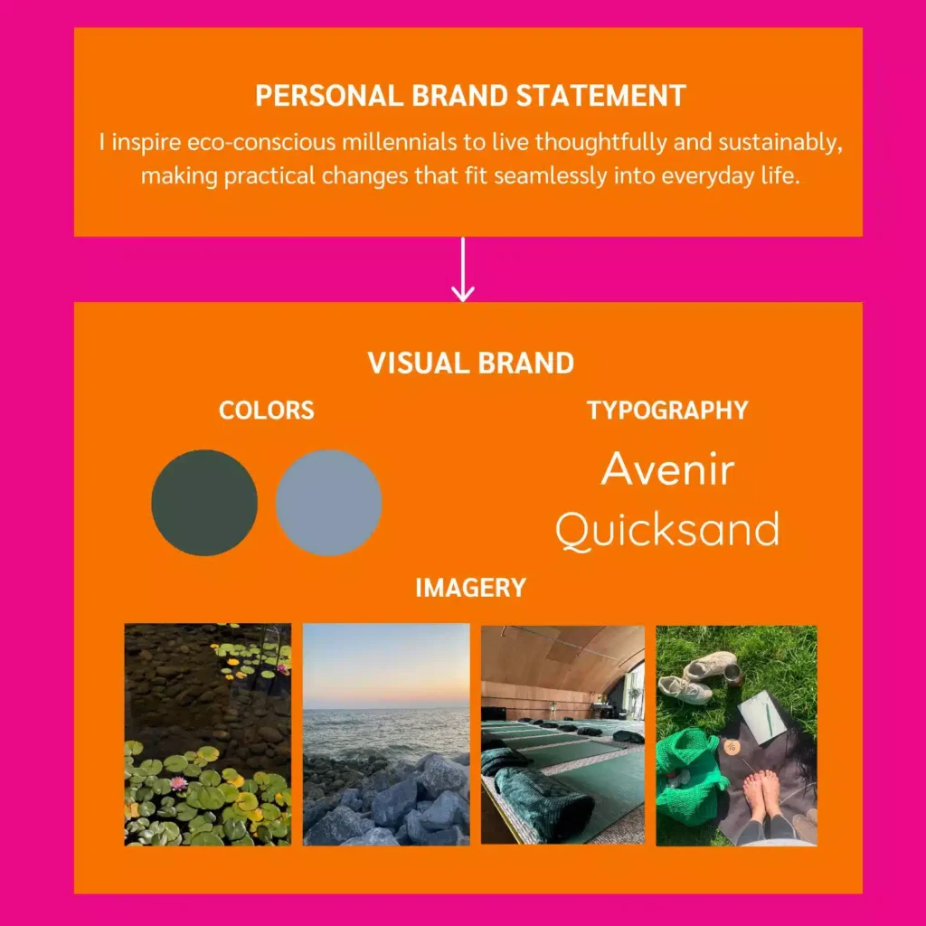 Infographic with a personal brand statement and visual brand elements like colors, typography, and nature-themed imagery.