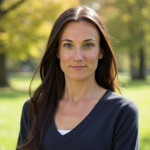 Whitney Donaldson stands in a park, wearing a black shirt, surrounded by greenery and natural beauty.