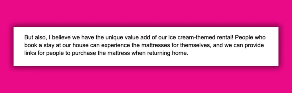 Text excerpt discussing unique value of an ice cream-themed rental with mattress trial.