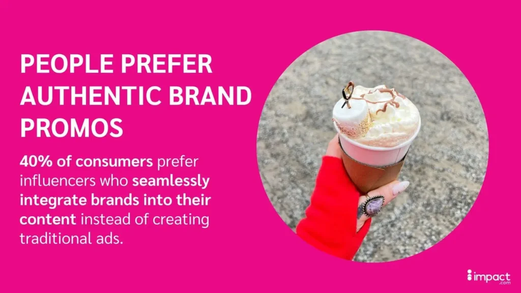 Graphic with text "People prefer authentic brand promos" and a photo of a hand holding a coffee cup.