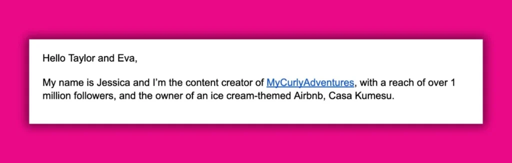 Text on a pink background introduces Jessica, content creator of MyCurlyAdventures with 1M followers, also an Airbnb owner.