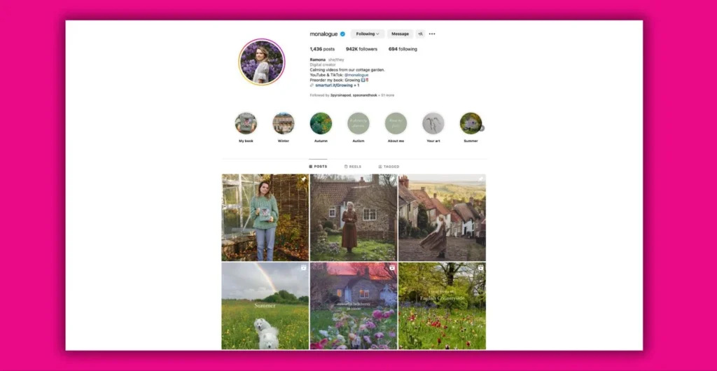 A screenshot of an Instagram profile with posts of cottage gardens and landscapes.