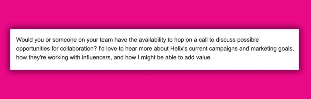 Text message inquiring about a call to discuss collaboration and adding value to Helix's marketing.