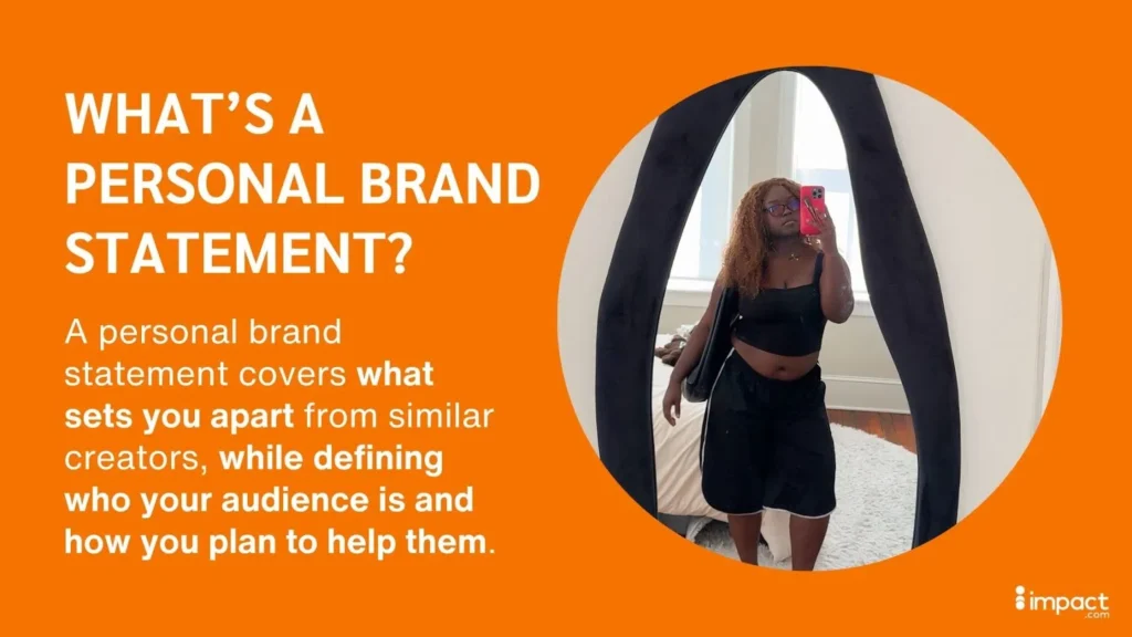 Person taking a selfie in mirror, with text about personal brand statements on orange background.