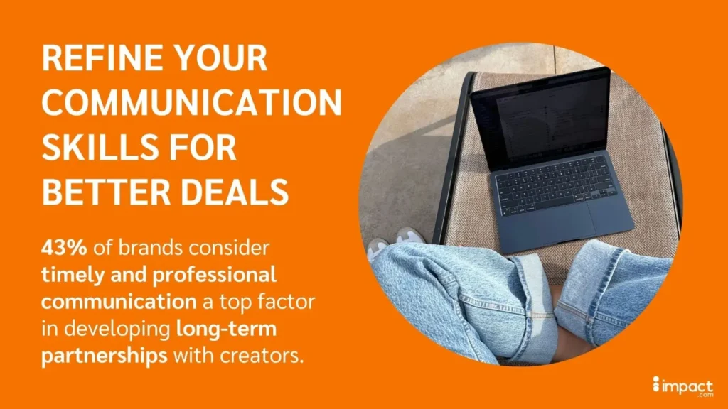 Graphic with text about communication skills, laptop on a chair, and the logo of impact.com.