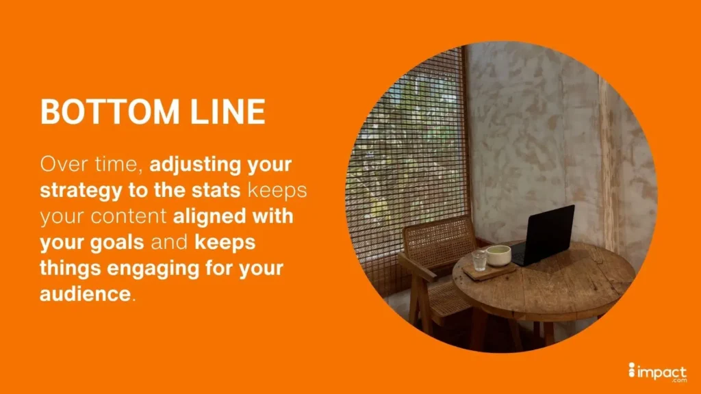 Slide with text "BOTTOM LINE: Adjusting strategy to stats keeps content aligned" next to a laptop on a wooden table.