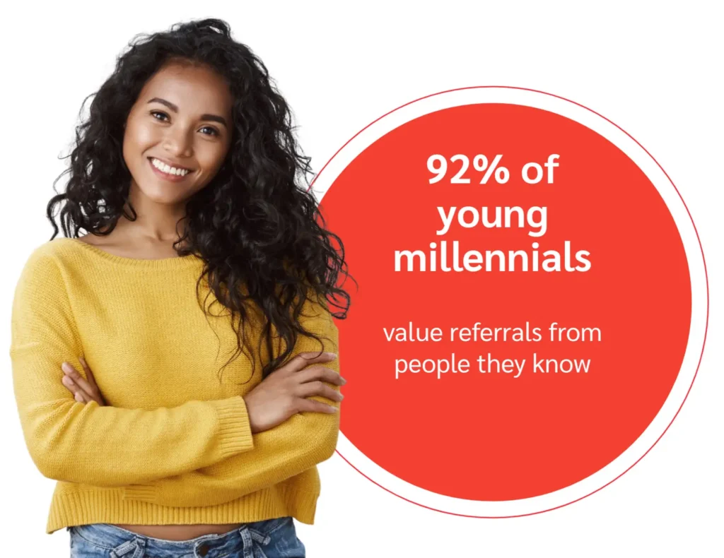 Person in yellow sweater beside a quote about millennials valuing referrals.