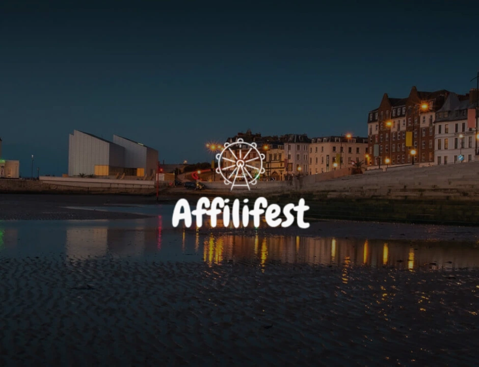 A nighttime coastal scene with illuminated buildings and a logo reading "Affilifest" featuring a ferris wheel icon.