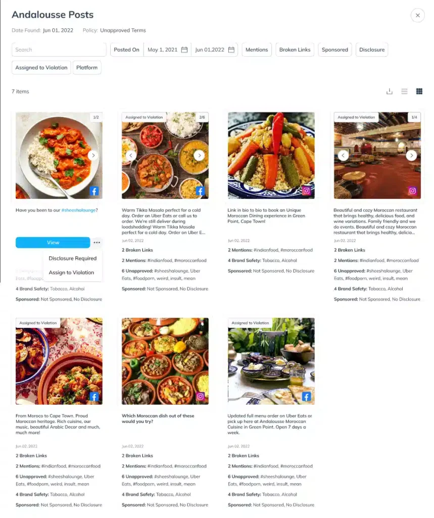 A collection of social media posts featuring vibrant Moroccan dishes, accompanied by mentions of Indian food and delivery options.