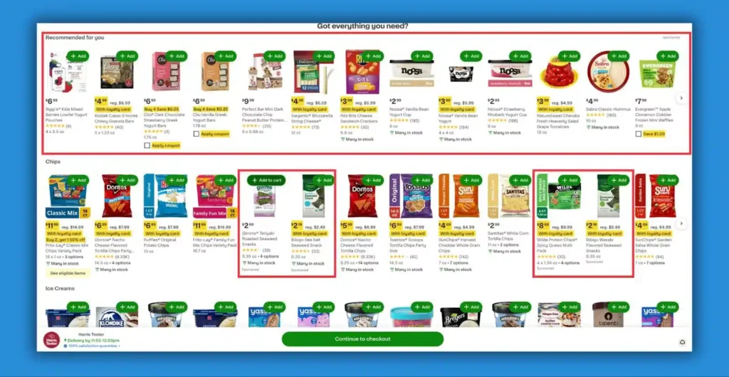 A grocery shopping interface displaying snacks and yogurt options, highlighting prices, discounts, and "add to cart" buttons.