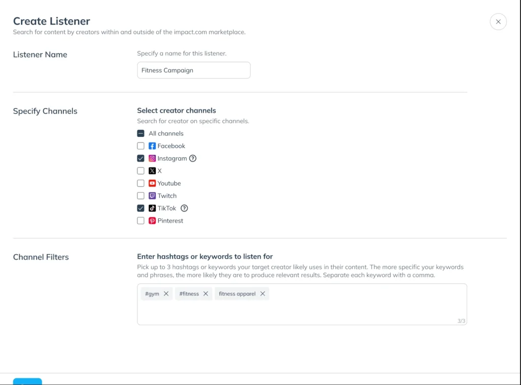 Screenshot of the "Create Listener" interface for a fitness campaign, showing options for selecting social media channels and keywords.