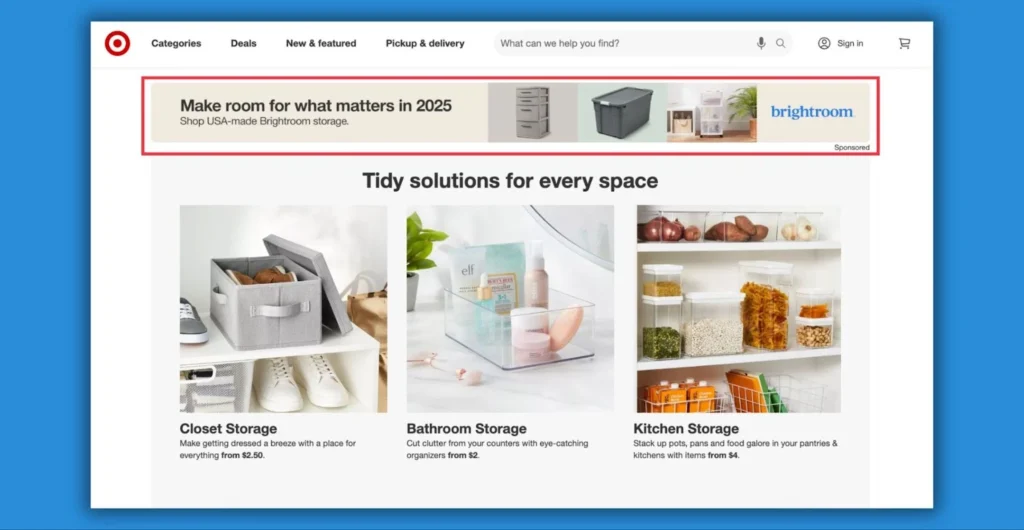 Target's webpage showcases Brightroom storage solutions, featuring closet, bathroom, and kitchen organizers with prices starting at $2.50.