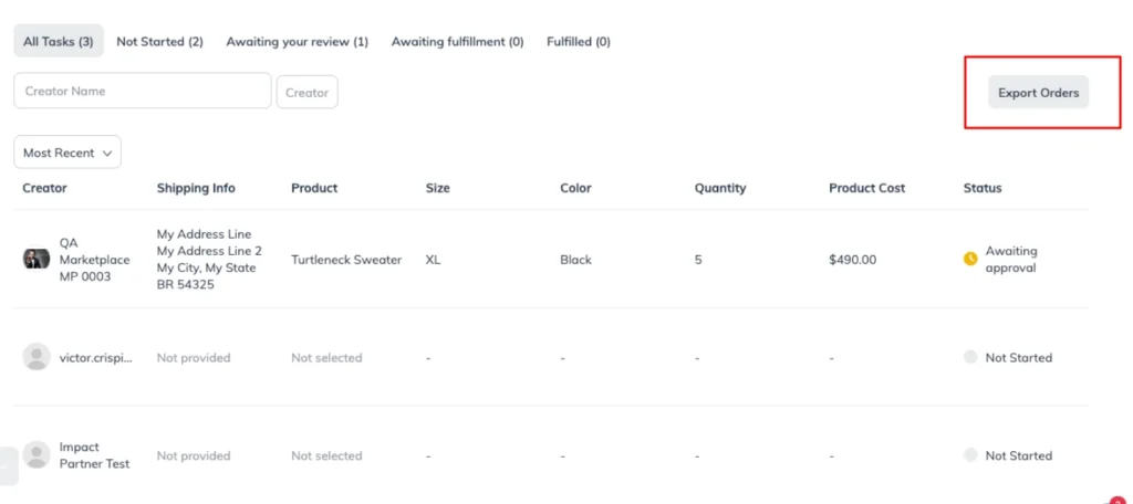 Screenshot of an order management dashboard displaying order details, statuses, and an 'Export Orders' button.