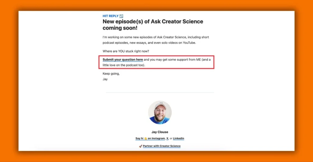 Email announcement for new episodes of "Ask Creator Science," with a call to submit questions highlighted in red. 