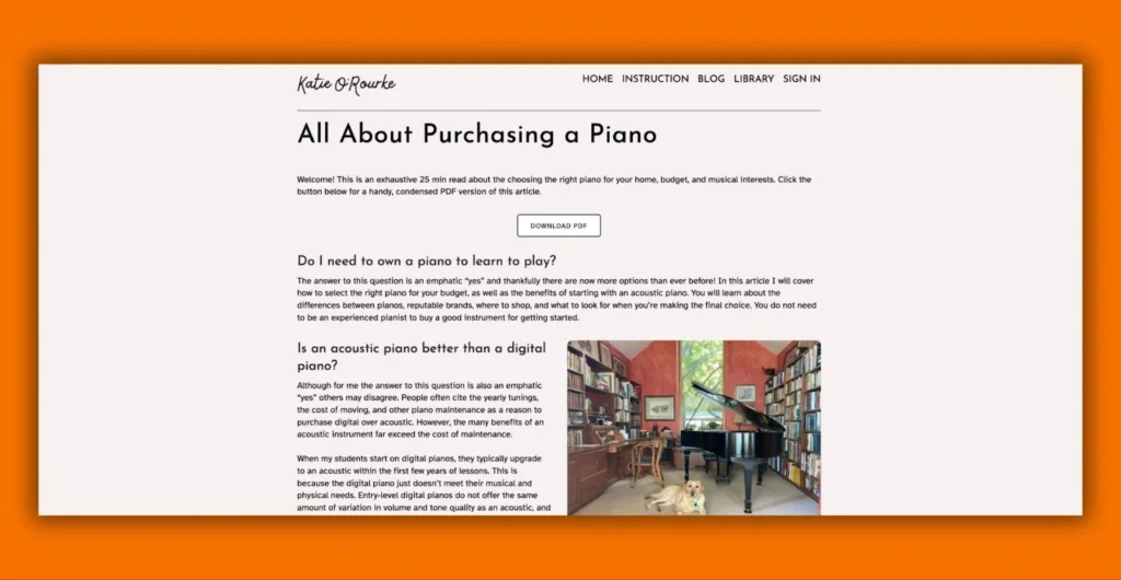 Website page titled "All About Purchasing a Piano" with advice on selecting pianos, featuring an image of a grand piano in a cozy room.