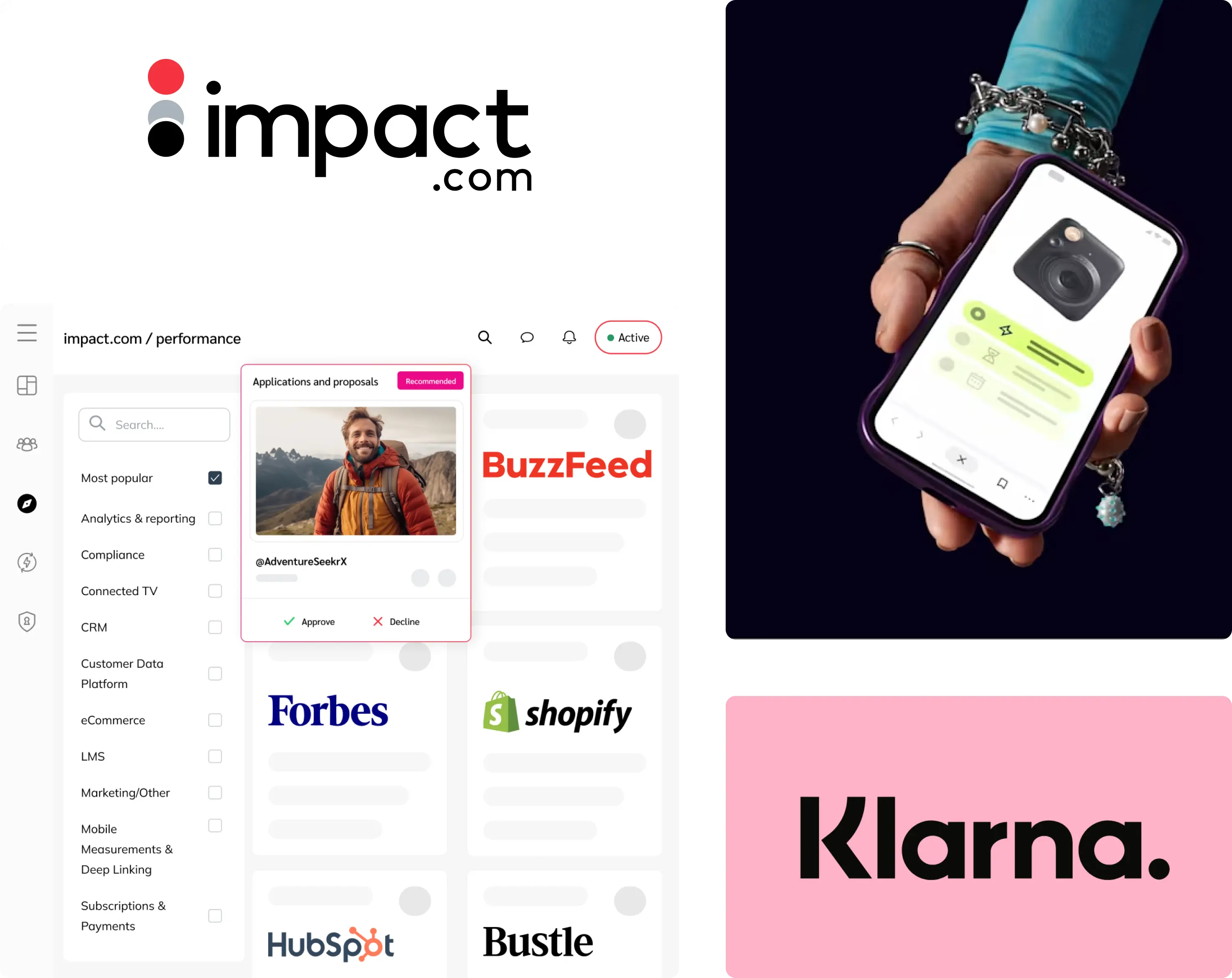 Klarna and impact.com logos with platform preview