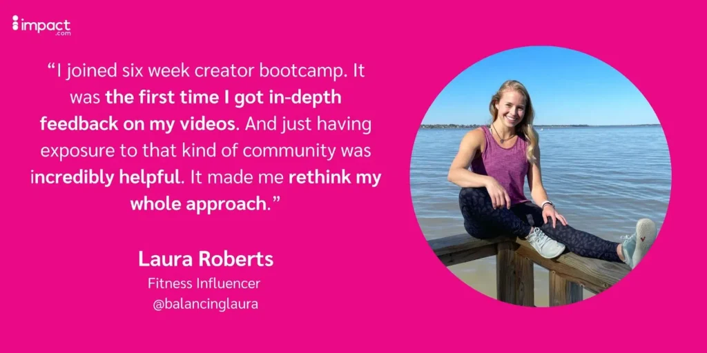 A fitness influencer shares insights about a six-week creator bootcamp, emphasizing community support and video feedback.