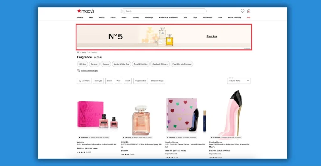 Screen capture of Macy's fragrance category, showcasing various perfume products and a promotional banner for Chanel No. 5.