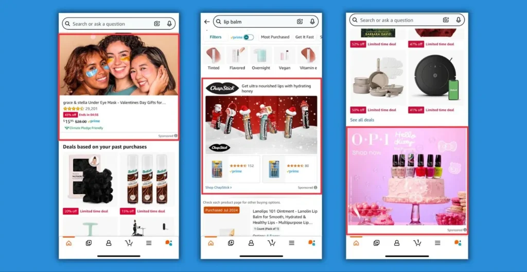 Three smartphone screens display shopping apps featuring beauty products, holiday deals, and limited-time offers on various items.