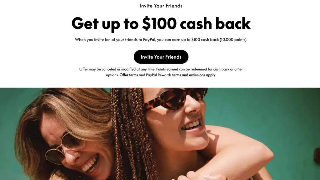 Promotional banner encouraging users to invite friends to PayPal for cash back rewards, featuring a vibrant background and engaging visuals.