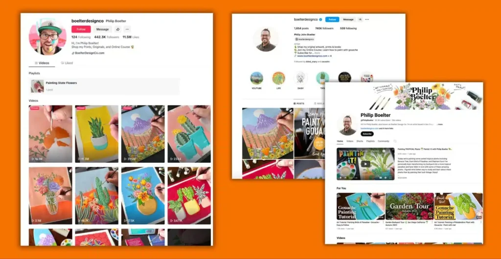 Screenshots of social media profiles for artist Philip Boelter, showcasing vibrant artwork and creative content.