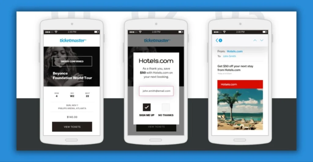 Three smartphones display a Ticketmaster confirmation for a Beyoncé concert and a Hotels.com offer, showcasing event details and discounts.