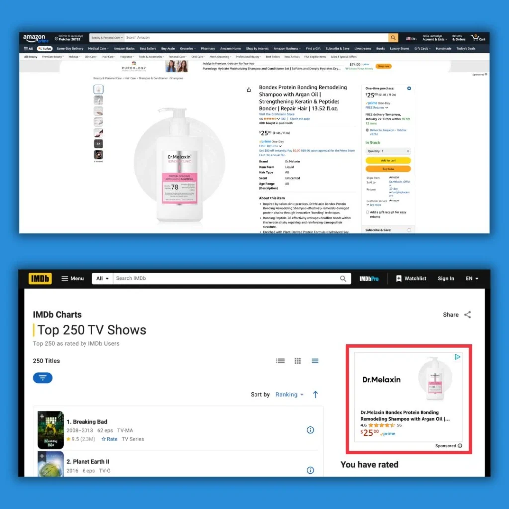 Image shows a product page for Dr. Melaxin shampoo on Amazon and a sponsored ad on IMDb displaying the same product.