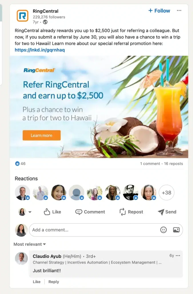 A promotional image from RingCentral inviting referrals with rewards up to $2,500 and a trip for two to Hawaii.