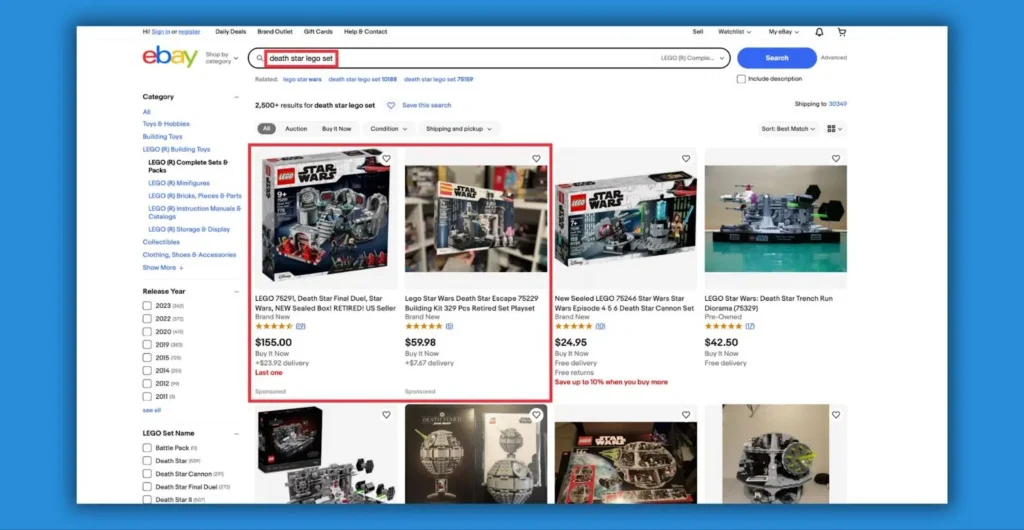 eBay search results for "Death Star LEGO set," showcasing various listings with prices and ratings, highlighted on a blue background.