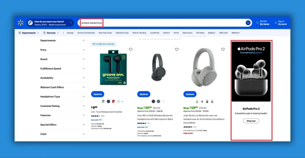 Walmart's website displaying wireless headphones, featuring AirPods Pro 2, alongside Groove onn and Sony Bluetooth headphones for sale.