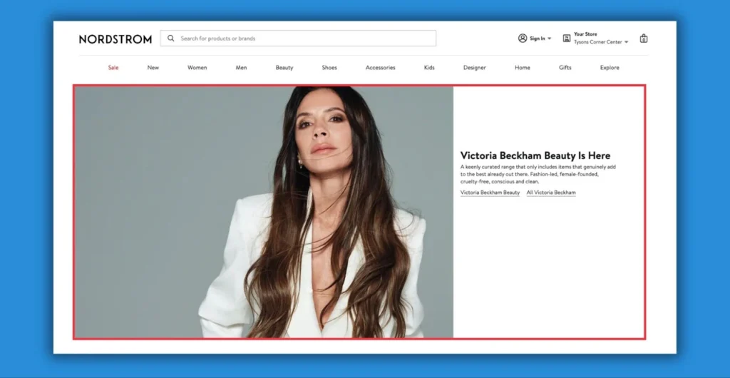 A stylish promotional section featuring Victoria Beckham Beauty on the Nordstrom website with a light gray background.