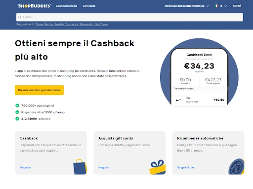 Screenshot of the ShopBuddies website displaying cashback offers, user benefits, and a prominent cashback balance of €34,23.