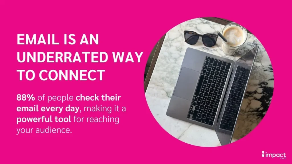 A laptop on a marble table with sunglasses and a iced coffee, highlighting the importance of email in connecting with audiences.