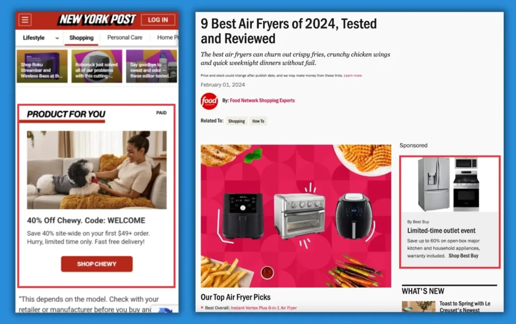 A lady sits on a couch with a dog, engaged with a smartphone. Nearby, an ad promotes various air fryers and kitchen deals.