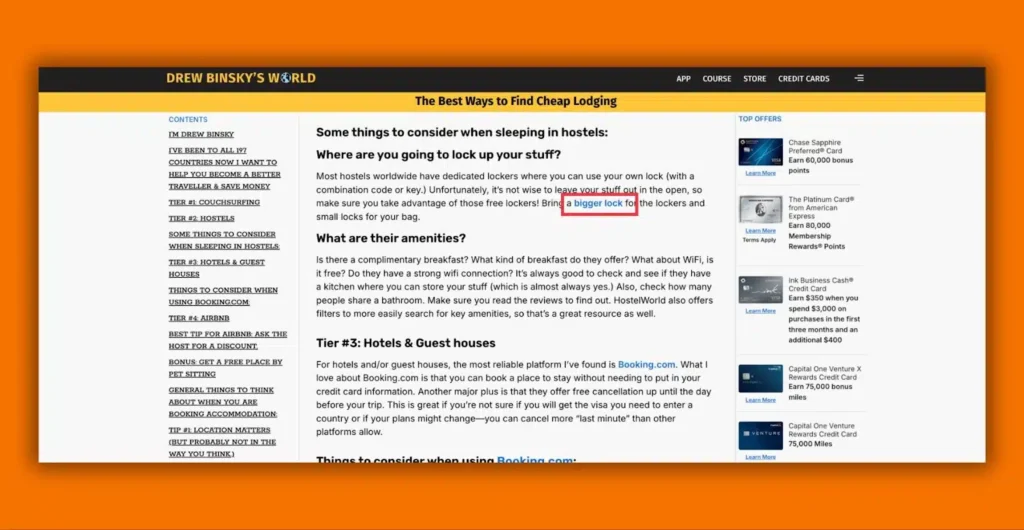 Screenshot of Drew Binsky's travel blog discussing tips for finding budget accommodations, featuring hostel advice and credit card offers.