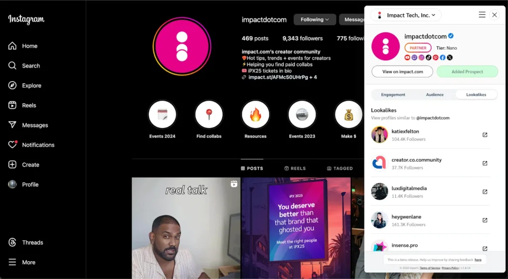 An Instagram profile page displaying posts about creator collaborations, events, and tips, featuring promotional content and engagement metrics.