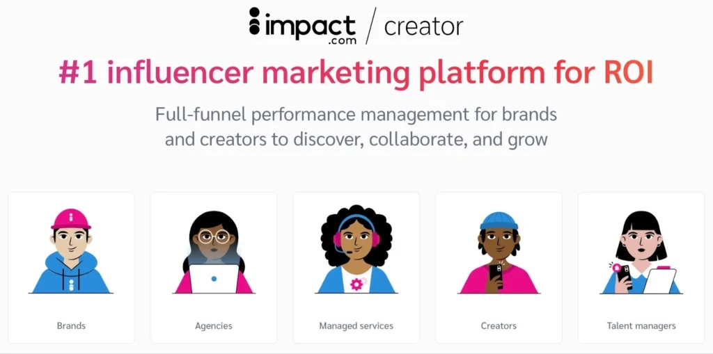 Infographic promoting Impact's influencer marketing platform, showcasing brands, agencies, managed services, creators, and talent managers.