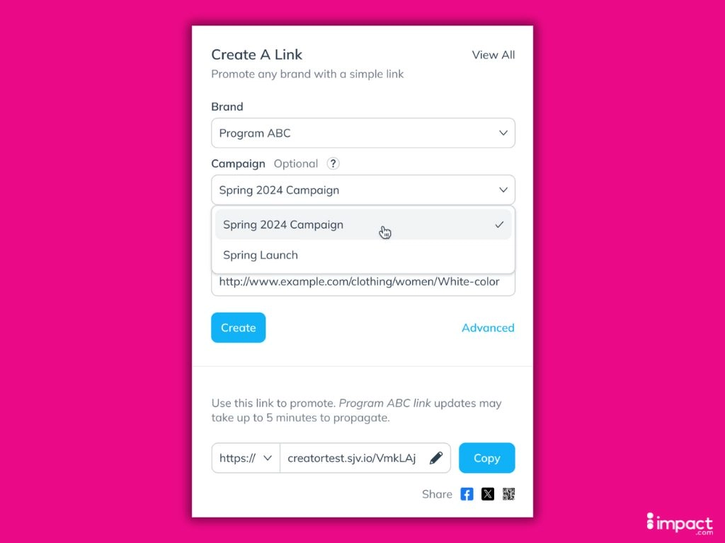 A user interface for creating a promotional link, featuring fields for brand and campaign selection, and a URL to copy.