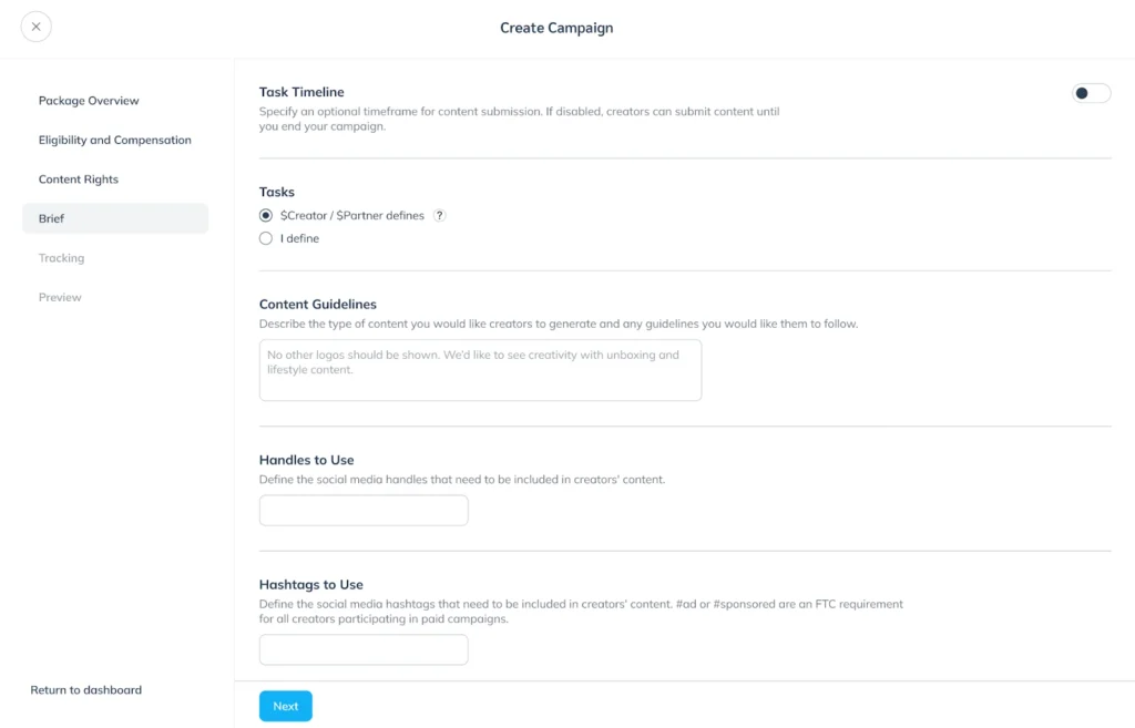 A campaign creation interface showing sections for task timeline, content guidelines, handles, and hashtags.