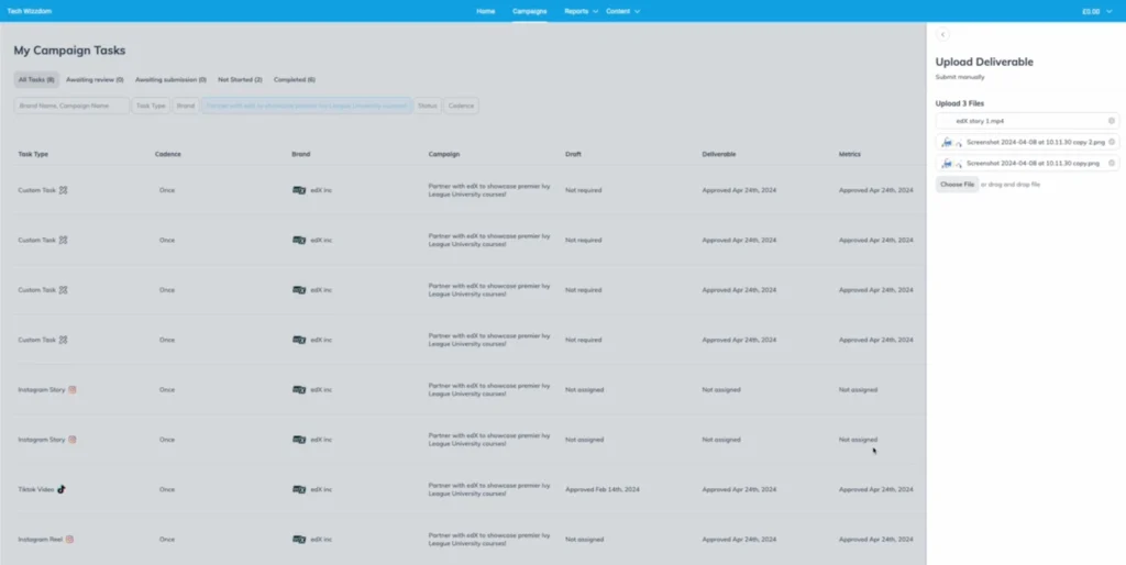 A project management dashboard displaying campaign tasks for edX, with statuses for drafts and deliverables.