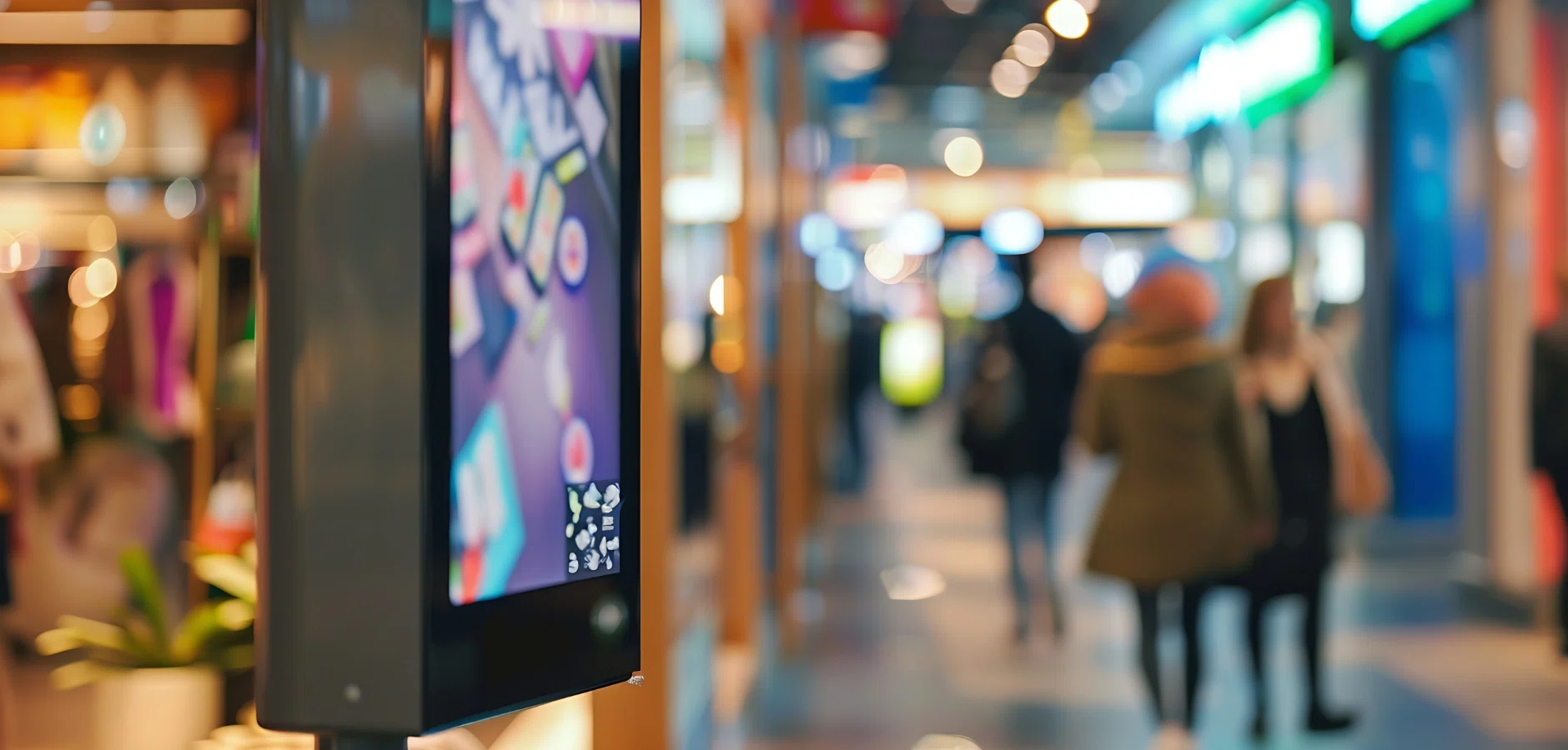 A digital screen displaying food images, with shoppers blurred in the background of a bustling shopping mall.