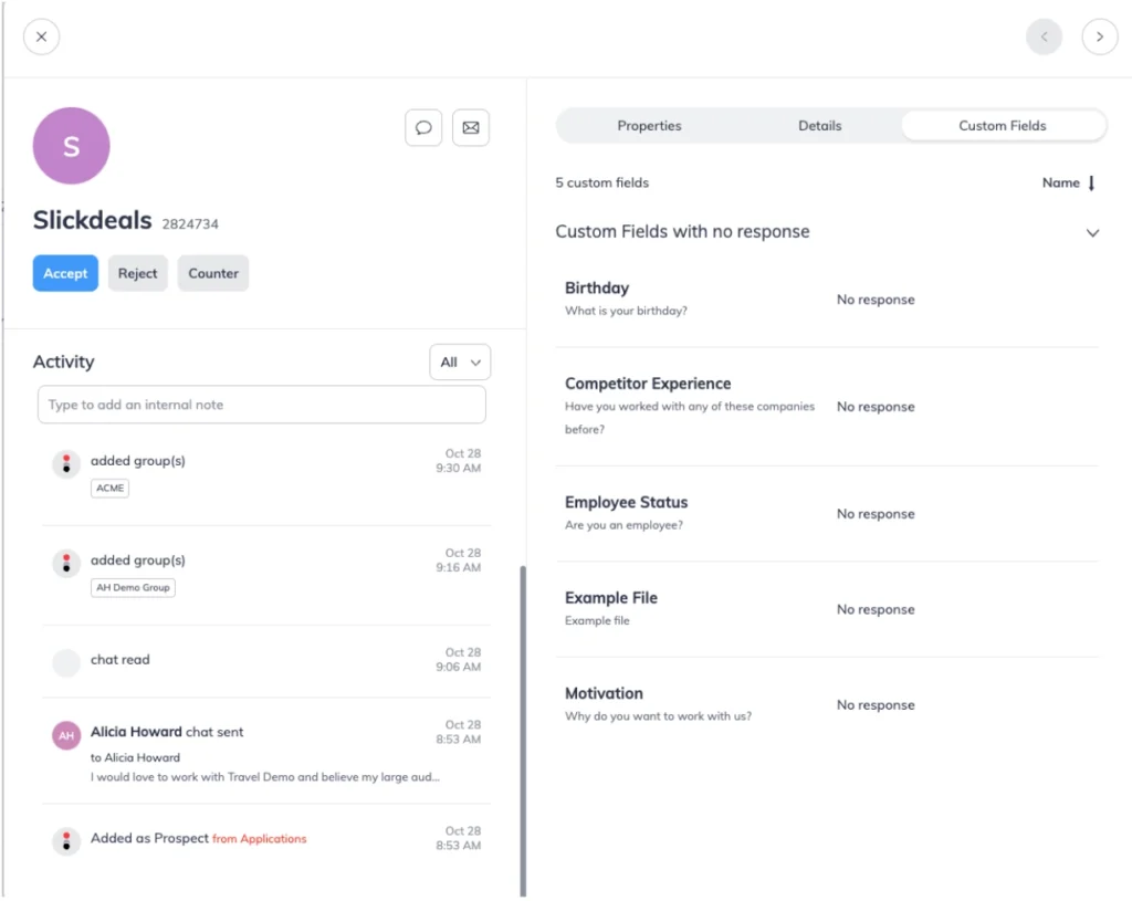 Screenshot of a user interface displaying a profile with activity log and custom fields, showing no responses for several questions.