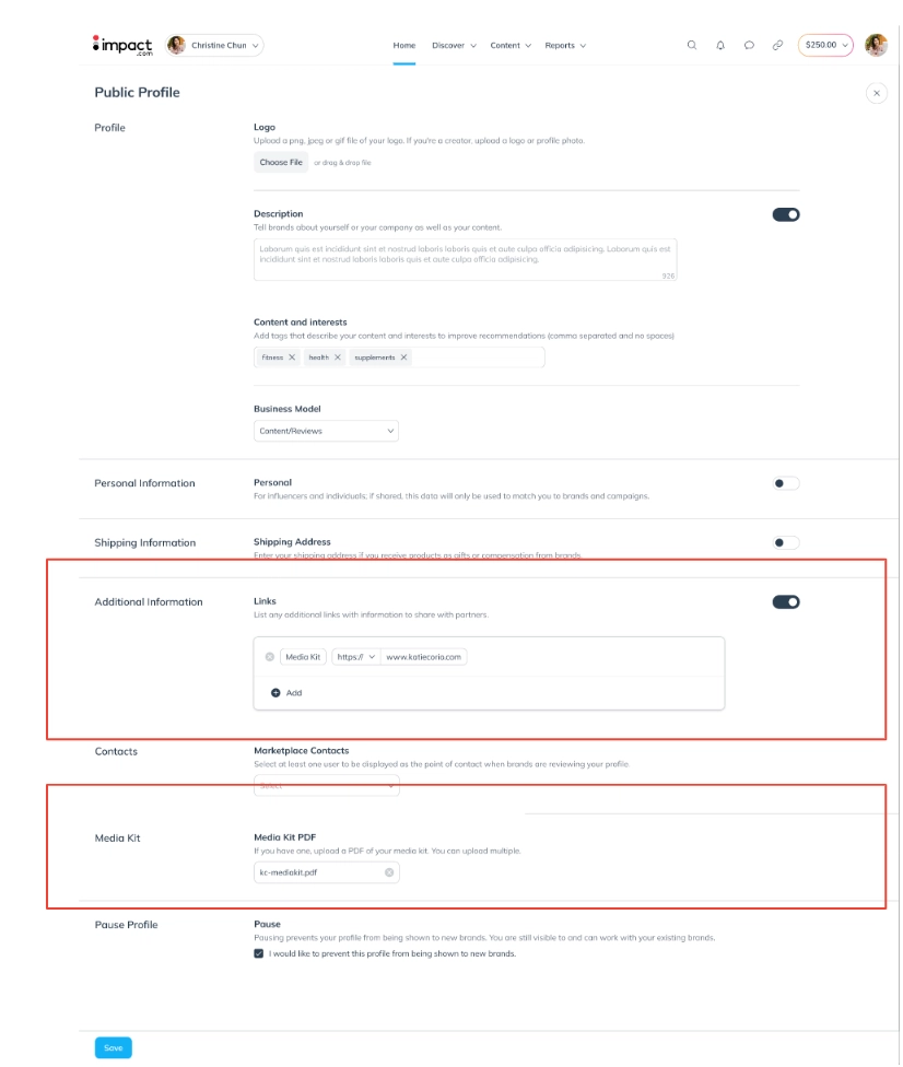 Screenshot of a public profile management interface, highlighting sections for logo upload, description, additional links, and media kit upload.