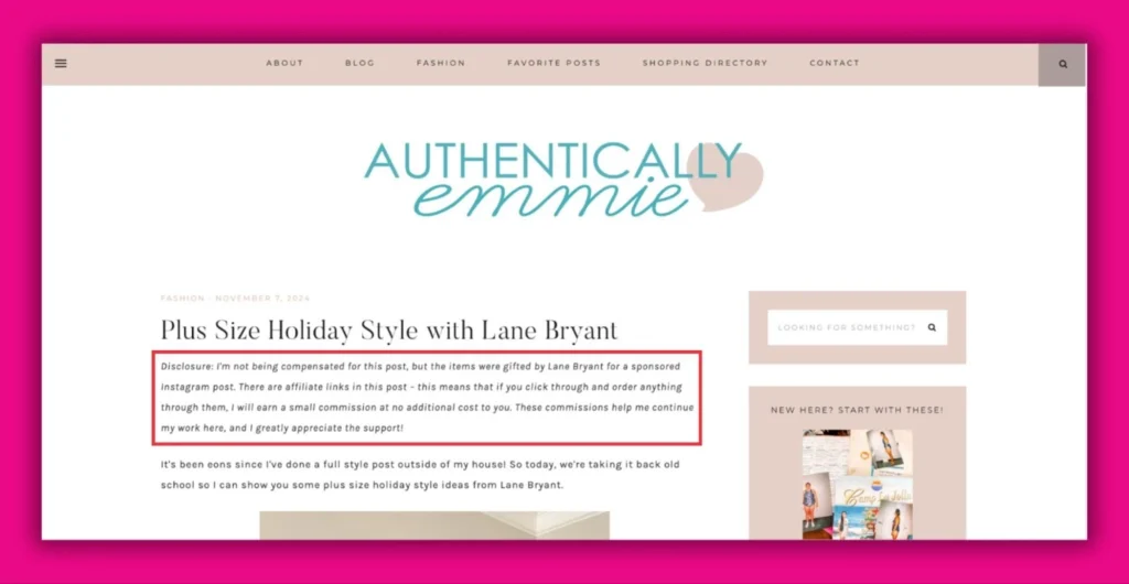 Screenshot of a fashion blog post titled "Plus Size Holiday Style with Lane Bryant," featuring a disclosure about sponsored items and affiliate links.