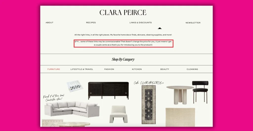 Website screenshot of Clara Peirce, showcasing furniture categories and a note about possible commission links for product recommendations.