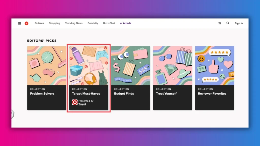 Screenshot of a web page showcasing "Editors' Picks" with colorful collections including "Target Must-Haves" highlighted in red.