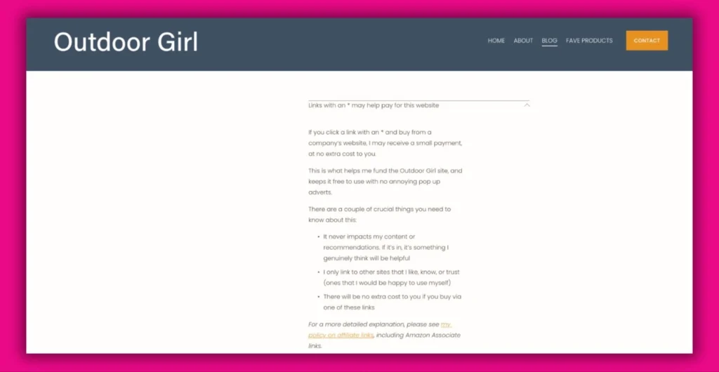 Homepage of "Outdoor Girl" featuring a blog section and a note about affiliate links for funding the website's content.